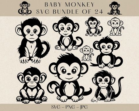 Safari Sensations: Jungle Clipart Animals Illustration Assortment Jungle Safari Crafts, Monkey Silhouette, Monkey Png, Monkey Svg, Cute Chibi Characters, Monkey Clipart, Safari Crafts, Cricut Animals, Jungle Clipart