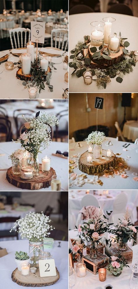 Nature Theme Wedding Centerpieces, Wooden Disc Centerpiece Weddings, Wood Piece Centerpieces, Fall Wedding Centerpieces With Wood Slices, Fall Outdoor Wedding Table Centerpieces, Light Wood Wedding Decor, Wood And Glass Wedding Centerpieces, Wood Centerpieces Diy, Rustic Elegant Centerpieces Wedding