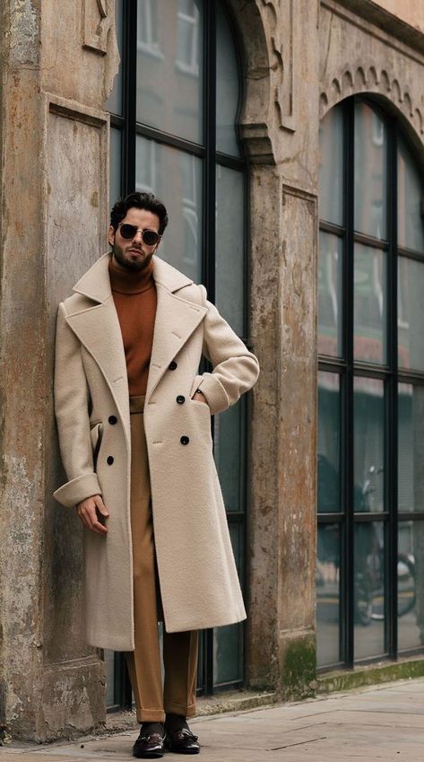 Men Winter Formal Outfit, Grwm Men, Beige Suit, Long Coat Men, Dandy Style, Beige Suits, Stylish Man, Beige Coat, Mens Fashion Smart