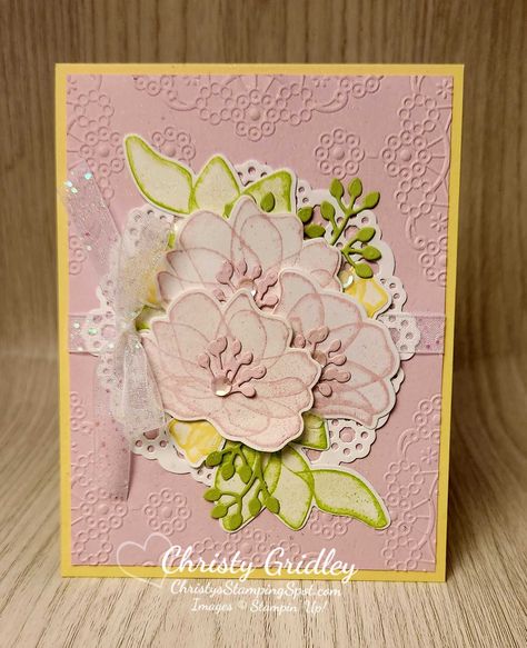 Delightful Doily Hybrid Embossing Folder, Stampin Up Delightful Doily Hybrid, Translucent Flowers, Translucent Florals, Flowers 2023, Embossing Folder Cards, Avant Garden, Tree Stamp, Cake Card