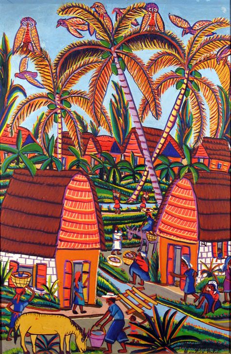 Village Scene, 1960, oil on board, Montas Antoine, Port-au-Prince, Haiti Haitian Art, Caribbean Art, Hawaiian Art, Village Scene, America Art, Big Art, Tropical Art, Afro Art, Naive Art