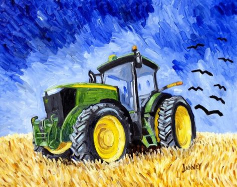 Tractor Painting Easy, Tractor Artwork, John Deere Art, Wheatfield With Crows, Crows Art, Old John Deere Tractors, Tractor Art, Train Table, Farm Paintings