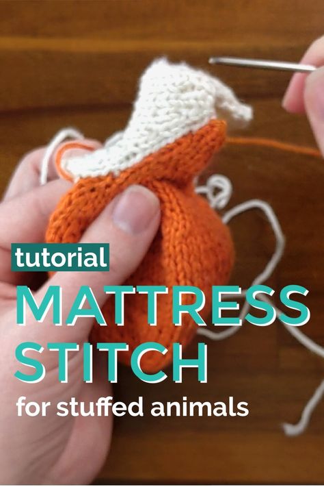 2 oddly-shaped pieces of knitting,  one orange and one white, get stitched together with an invisible seam. How To Mattress Stitch Crochet, How To Clean Stuffed Animals By Hand, How To Mattress Stitch In Knitting, Mattress Stitch Knitting Video, Frankenstein Stitches, Sew Sweater, Knit Cat Stuffed Animal, Knitted Stuffed Animals, Mattress Stitch