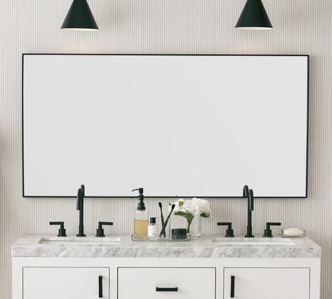 Double Vanity Mirror Ideas, Mirror Pottery, Wide Mirror, Large Bathroom Mirrors, Bath Mirror, Double Sink Vanity, Bathroom Mirror Cabinet, Sink Vanity, Small Space Solutions