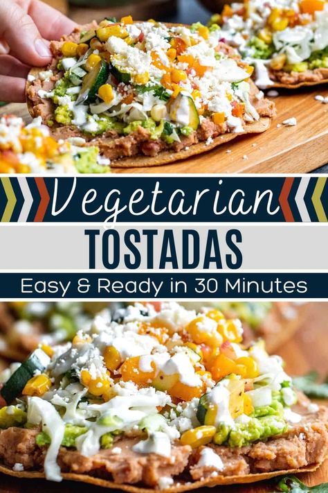 Healthy Vegetarian Dinner Recipes For Family, Healthy Tostadas Clean Eating, Vegetarian Tostadas Recipes, Vegetarian Dishes Breakfast, Nice Vegetarian Dinner, Flexitarian Dinner Recipes, Healthy Vegetarian Family Dinners, Refried Beans Recipe Meals Healthy, Meatless Mexican Meals