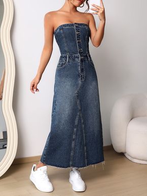 Denim Dress Outfit, Strapless Denim Dress, Denim Maxi Dress, Womens Denim Dress, Diy Vetement, Rock Outfit, Moda Jeans, Women Denim Jeans, Tube Dress