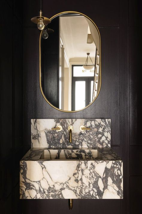 1880s townhouse near van vorst park in jersey city, new jersey, designed by elaine santos Floating Marble Sink, Powder Bathroom Ideas, Beautiful Powder Rooms, Modern Powder Rooms, Modern Powder Room, Powder Room Decor, Powder Room Design, Bathroom Tile Designs, Passive House