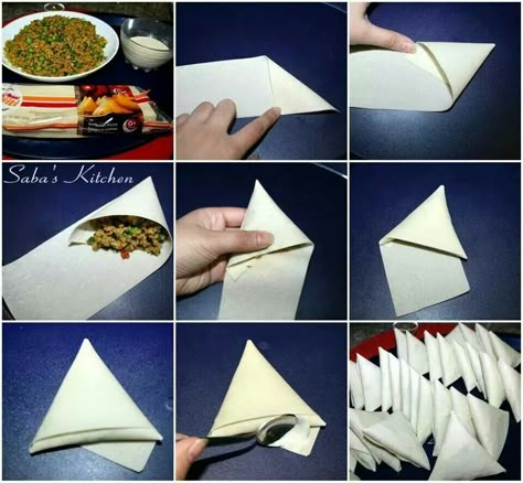 Folding samosas, or briwat or anything How To Fold Samosas, Beef Samosa Recipe, Snacks Indian, Beef Samosa, Samosa Recipe, African Cooking, Healthy Food Menu, Veg Dishes, Quick Recipes Snacks