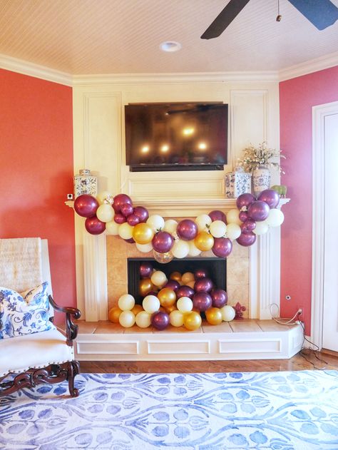 Balloons Around Fireplace, Fireplace Birthday Party Decor, Fireplace Balloon Arch, Fireplace Birthday Decor, Balloon Garland Over Fireplace, Fireplace Party Decor, Balloon Arch Fireplace, Balloon Garland On Fireplace, Balloon Garland Fireplace