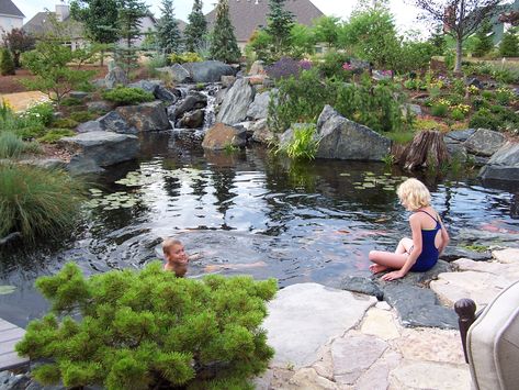 Ponds are just as much fun for children as they are educational!  Forget the swimming pool and get a natural swimming pond instead. Living Pool, Natural Swimming Ponds, Diy Pond, Pond Ideas, Pond Water Features, Swimming Pond, Pond Landscaping, Natural Pond, Pond Life