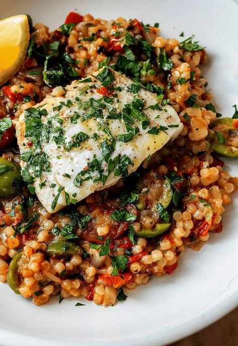 Cod And Couscous Recipes, Cod Dinner Recipes, Pearl Couscous Recipes, Mediterranean Seafood, Castelvetrano Olives, Fish Dinners, Fall Meals, Cod Recipe, Pearl Couscous