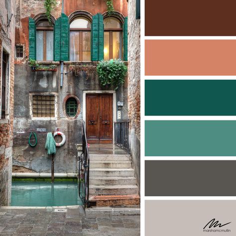 Venice Alley - Color Palette Venice Colour Palette, Venice Color Palette, Colour Pallete Vintage, Venice Alley, Italy Color Palette, Luxury Color Palette Branding, Italian Color Palette, Mediterranean Color Palette, Italian Flag Colors