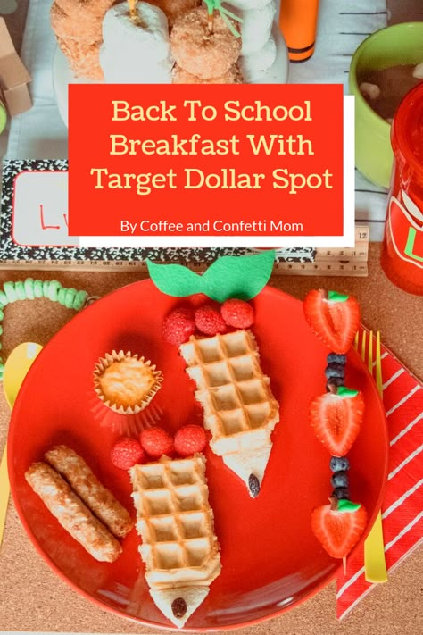 Back to School Breakfast with decorations from Target Dollar Spot. Create excitement in your home for the first day of school with a fun themed breakfast. #backtoschool #backtoschoolbreakfast #firstdayofschool #firstdayofschooltraditions #familytraditions #targetdollarspot #firstdayofschoolbreakfast #pancakestack #pencilwaffles #appleaday First Day Of School Breakfast Decor, First Day Of School Breakfast Kids, First Day Of School Food Ideas, Back To School Brunch For Kids, School Themed Breakfast, 1st Day Of School Breakfast For Kids, First Day Of School Meals, Back To School Set Up At Home, Back To School Breakfast For Kids Party