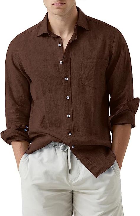 Features: These men's cotton linen shirts are solid in color and feature a button-down design. They are perfect for casual wear and can be worn as 3/4 sleeves or full sleeves, allowing for different styles. Design: With a classic and stylish design, our men's shirts are suitable for casual business occasions. The slim fit and button-down style give you a clean and fashionable look, while the textured cotton linen fabric adds a touch of sophistication. Mens Fall Outfits, Long Sleeve Dress Shirts, Fall Outfits Men, Linen Shirt Men, Mens Linen, Linen Casual, Casual Stylish, Cotton Linen Fabric, Mens Fall