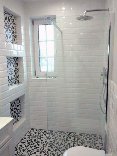 Bathroom Shower Step Ideas, Mosaic Tile Small Bathroom, Small Vertical Bathroom Ideas, White Beveled Subway Tile Shower Ideas, Timeless Bathroom Shower Tile, Walk In Shower Remodel Before And After, Fancy Tiles Interior Design, Shower Expansion Before And After, 48x48 Tile Shower Ideas