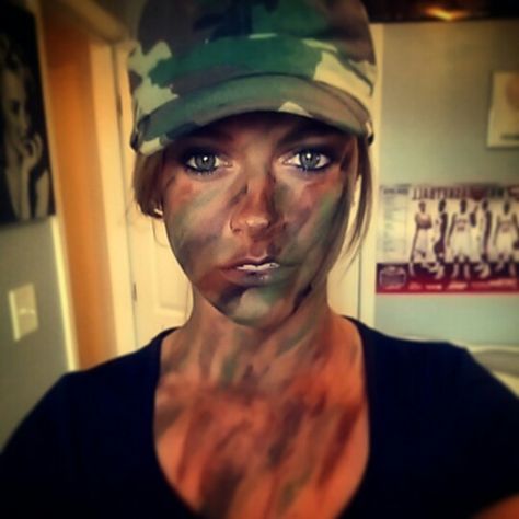 GI Jane. Army girl. Halloween. USA. Was proud of the way I did my paint makeup Army Girl Costume Makeup, Army Girl Makeup Halloween, Halloween Army Makeup, Army Halloween Makeup, Army Makeup Halloween, Camo Makeup Look, Camo Face Paint Ideas, Gi Jane Costume, Army Face Paint