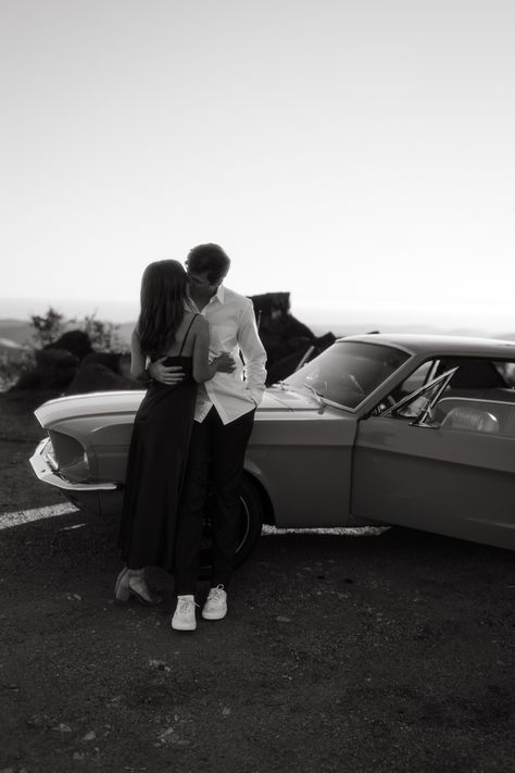 Sports Car Couple Photoshoot, Vintage Car Elopement, Classic Car Engagement Photos, Car Couple Photoshoot, Car Couple, Car Shots, Classy Engagement Photos, Vintage Engagement Photos, Anniversary Shoot