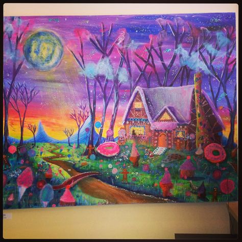 Karasart.com acrylic painting gingerbread house hansel and gretel candy land fantasy Candyland Painting, Candy Land Painting, Candy Land Drawing, Candy House Drawing, Candy Landscape, Candy Houses, Fungi Art, Doll Therapy, Forest Drawing