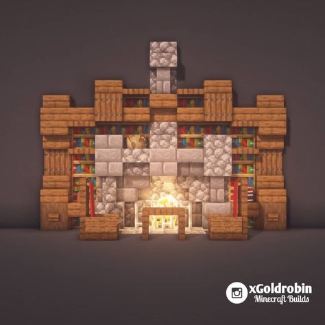 Tutorial | Bookshelf with fireplace. 📚 ▶ Follow @xgoldrobin for more Minecraft Buildings ideas & designs! 🏡 ▶ Everything is built by me! 😃… Bookshelf With Fireplace, Minecraft Room Decor In Game, Minecraft Fireplace Ideas, Goldrobin Minecraft, Minecraft Fireplace, Chalet Minecraft, Minecraft Cool, Minecraft Poster, Minecraft Room Decor