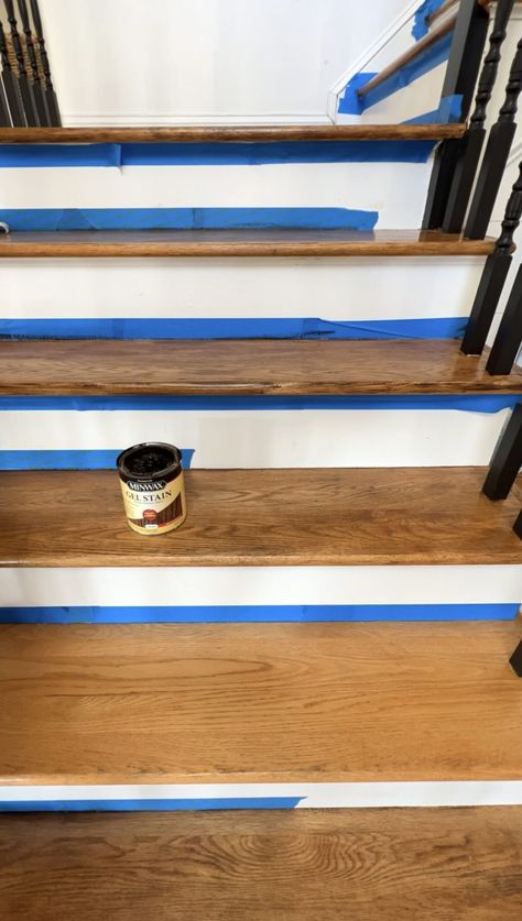 Gel Stained Stairs-Two Years Later Stained Treads Painted Risers, Stained Stairs With Painted Risers, Gel Stain Stairs Treads, Stained Bannister Ideas, What Color To Paint Stairs, How To Stain Stairs, How To Refinish Stairs, Staining Stairs Diy Staircase Makeover, How To Stain Stair Treads