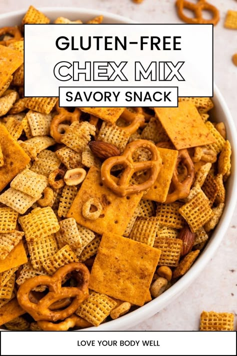 Gluten-Free Chex Mix Cheese Chex Mix Recipes, Cheesy Chex Mix Recipes, Gluten Free Snack Mix Recipes, Gluten Free Chex Mix Recipes, Chex Mix Recipes Christmas, Savory Chex Mix Recipes, Gluten Free Snack Mix, Savory Chex Mix, Gluten Free Dairy Free Snacks