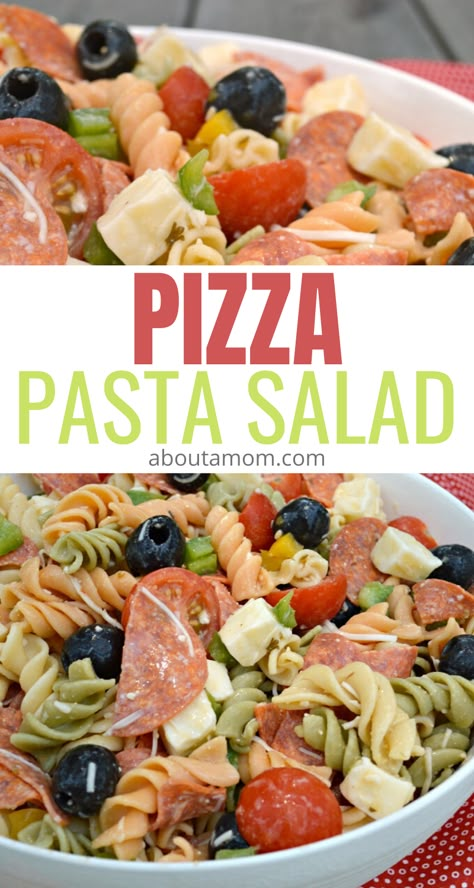 Pizza Pasta Salad has all the great flavors of a pizza, except in a bowl. You seriously can't go wrong with this cold pasta salad. #pasta #pastasalad #pizza Pasta Salad As A Meal, Cold Dinners On The Go, Easy Delicious Pasta Salad, Pizza Pasta Salad Recipes, Bowtie Pasta Recipes Cold, Cold Pasta Meals, Cold Recipes Dinner, Cold Pasta Salad Recipes Winter, Unique Pasta Salad Recipes