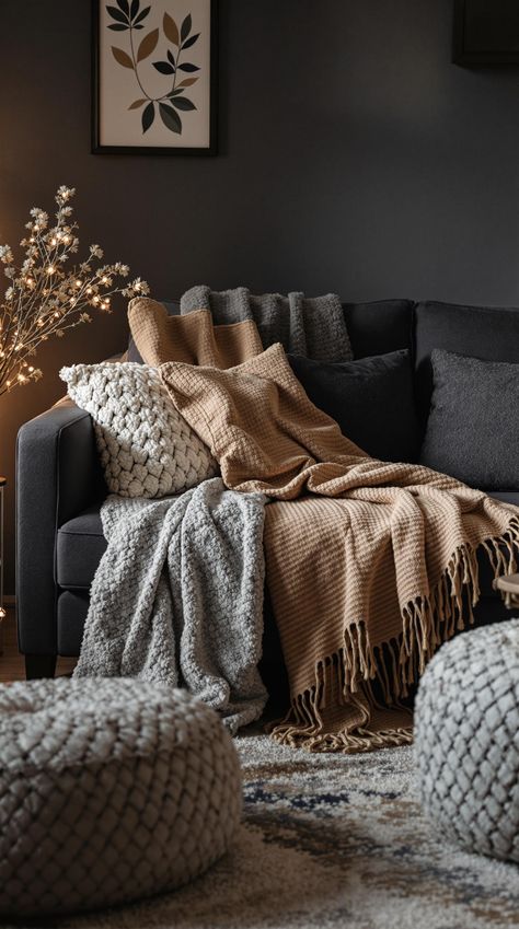 Dark Grey Couch Living Room Styled Grey Couch, Living Room Decor Charcoal Couch, Grey Couch With Throw Pillows, Dark Gray Couch Living Room Farmhouse, Couch Throw Pillow Arrangement, Dark Grey Couch Boho Living Room, Styling Blankets On Couch, Cozy Living Rooms Gray Couch, Dark Gray Sofa Pillows Ideas