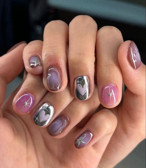 Korean Purple Nails, 00s Mode, Korean Nail, Hello Nails, Hippie Nails, Grunge Nails, Her Nails, Pretty Gel Nails, Cute Gel Nails