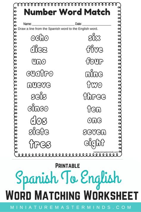 Spanish To English Word Number Matching Worksheet ⋆ Miniature Masterminds Spanish To English Worksheets, Teaching Spanish High School, Spanish Counting, Beginner Spanish Worksheets, Spanish To English, Spanish Printables, Spanish Practice, Spanish Numbers, Spanish Colors