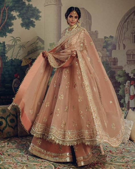 In an elegant ode to tradition, a beautifully crafted pishwas, rendered in soft coral, is intricately embellished with gold florals in… | Instagram Indian Bridal Gown, Desi Dress, Desi Wedding Dresses, Pakistani Wedding Outfits, Net Dress, Pakistani Fancy Dresses, Pakistani Fashion Party Wear, Beautiful Pakistani Dresses, Indian Dresses Traditional