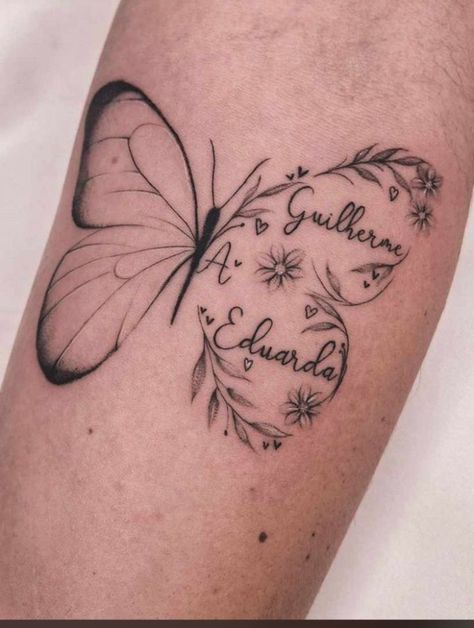 Best Friend Tattoos Butterflies, Butterfly Tattoo Name, Butterfly Tattoo With Name In The Middle, Butterfly Name Tattoos For Women, Name With Butterfly Tattoo, Butterfly With Name Tattoo, Butterfly Tattoo With Name, Butterfly Remembrance, Daughters Name Tattoo