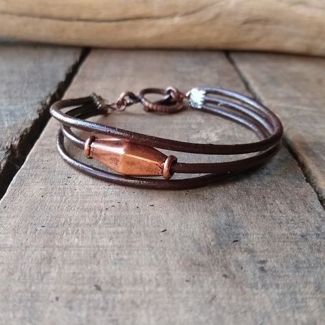 3 Strand Leather Brown Cord With Copper Color Bead. Bracelets Leather Women, Simple Leather Bracelet Diy, Leather Bead Bracelet, Leather Macrame, Simple Leather Bracelet, Wix Design, Leather Cord Jewelry, Jump Ring Jewelry, Diy Leather Bracelet