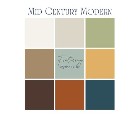 Mid Century Modern Exterior Paint, Midcentury Modern Color Palette, Benjamin Moore Wythe Blue, Mid Century Color Palette, Mid Century Modern Color Palette, Craftsman Colors, Wythe Blue, Teal Interiors, Mid Century Blue