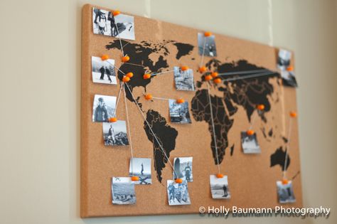 I like the photos tied to locations on the map! World Traveler Nursery, World Travel Decor, Data Wall, Travel Map Diy, Pin Up Pictures, Travel Theme Nursery, Travel Nursery, World Map Travel, Map Pictures