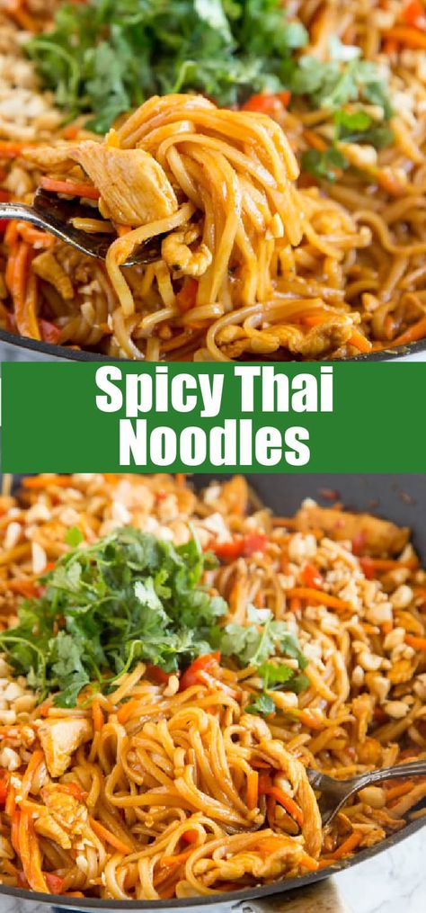 Spicy Thai Noodles with Chicken - a super quick and easy dinner that is on the table in minutes. Full of great Thai flavor with easy to find ingredients! Spicy Thai Casserole, Spicy Thai Chicken Recipes, Spicy Thai Noodle Salad, Chicken Thai Recipes, Thai Noodles With Chicken, Thai Pasta Recipes, Thai Noodle Recipe, Thai Chicken Pasta, Vegetarian Meals Easy