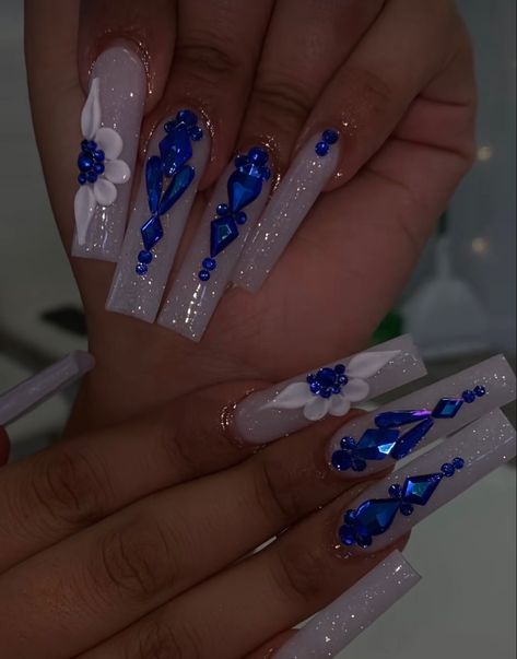 Stones Nails, Blue Prom Nails, Blue And Silver Nails, Prom Nails Silver, Quinceanera Nails, Royal Blue Nails, Long Acrylic Nail Designs, Blue Acrylic Nails, Nails Design With Rhinestones