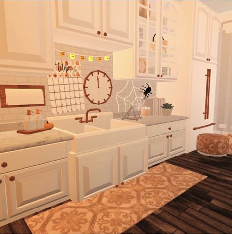 Bloxburg Autumn Interior Ideas, Bloxburg Fall Family House, Fall House Inspo Bloxburg, Fall Bloxburg Kitchen, Bloxburg Fall Room Ideas, Bloxburg Family House Ideas, Bloxburg Fall House Layout, Autumn Bloxburg House, Fall Bloxburg Houses