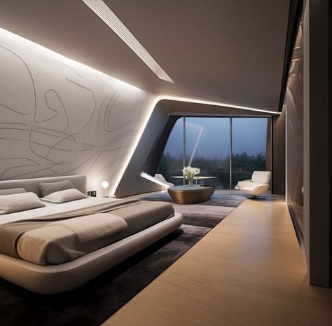 Home Innovations: An Amazing Futuristic Home Villa | Dream Home Inspiration Futuristic Interior Bedroom, Modern Futuristic House, Futuristic Bedroom Design, Futuristic Bedroom Ideas, Futuristic Bed, Futuristic Rooms, Futuristic Living Room, Futuristic Apartment, Futuristic Bedroom