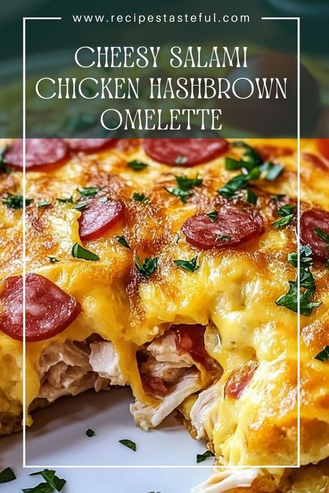 A delicious and hearty breakfast option, this cheesy omelette is filled with crispy hashbrowns, savory salami, and tender chicken, making it perfect for a filling start to your day. Hashbrown Omelette, Cheesy Omelette, Chicken Omelette, Boil Egg, Crispy Hashbrowns, Prepared Eggs, Quick Weeknight Meals, Tender Chicken, Breakfast Options