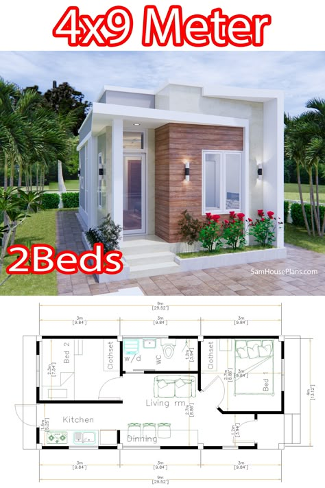 Tiny Minimalist House, Two Bedroom Tiny House Plans Layout, 4x9 House Plan, 5 X 10 Meters House Plan, Tiny House With 2 Bedrooms, 4x8 House Plan, 4x10 House Plan, Modern Tiny House Design Floor Plans, 5x10 House Plan