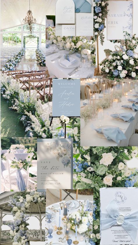 Dusty blue, ceremony, flowers, table set up, welcome sign, save the dates/invitations Blue Ceremony Flowers, Dusty Blue Ceremony, Dusty Blue Wedding Invitations, Dusty Blue Wedding, Dusty Blue Weddings, Blue Wedding Invitations, Table Set Up, Ceremony Flowers, Save The Date Invitations