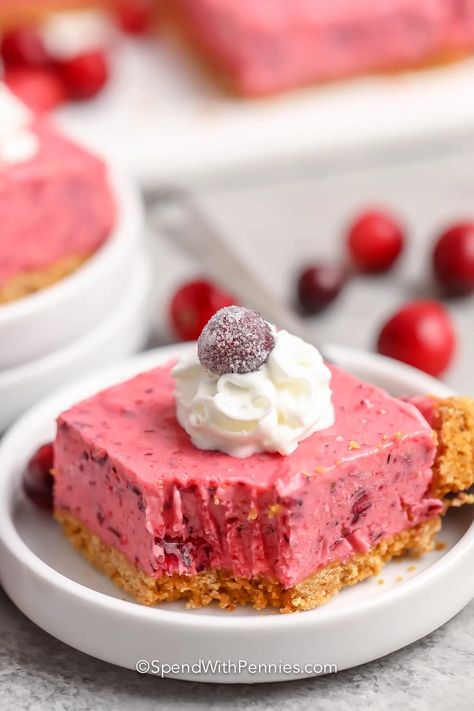 These Frozen Cranberry Bars are the perfect combination of sweet & tart, loaded with fresh cranberries & a graham cracker crust! Fresh Frozen Cranberry Recipes, Christmas Desserts Cranberry, Frozen Cranberry Dessert, Frozen Cranberry Recipes, Frozen Christmas Desserts, Cranberry Squares, Cranberry Recipe, Almond Oatmeal, Cranberry Bars