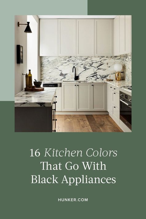 Whether you've decided to upgrade your kitchen with black appliances or you've moved into a home that already has them, selecting colors to go with the sleek and sophisticated finish comes down to a few key factors. #hunkerhome #kitchencolor #kitchencolorideas #kitchenideas #kitchen Kitchens With Ge Cafe Black Appliances, What Color Cabinets Go With Black Appliances, Painted Kitchen Cabinets Colors With Black Appliances, Kitchens With Black Appliances Ideas, Kitchen Cabinet Colors With Black Appliances, Best Kitchen Cabinet Paint Colors With Black Appliances, Kitchen Decor With Black Appliances, Kitchen Design Black Appliances, Kitchen Colors Schemes Black Appliances