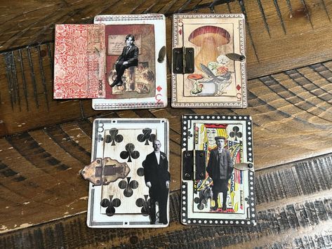 Playing Cards with Door Hinges for Junk Journals Tim Holtz Atc Cards, Playing Cards Art Projects, Altered Playing Cards, Treasure Books, Playing Card Crafts, Altered Cards, Lenormand Cards, Playing Cards Art, Art Trading Cards