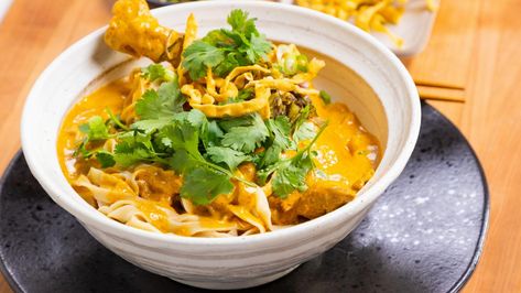 Chicken Khao Soi Recipe | Jet Tila | Food Network Khao Soi Recipe, Chicken Khao Soi, Jet Tila, Massaman Curry Paste, Thai Pork, Pickled Mustard Greens, Khao Soi, Tonkotsu Ramen, Massaman Curry