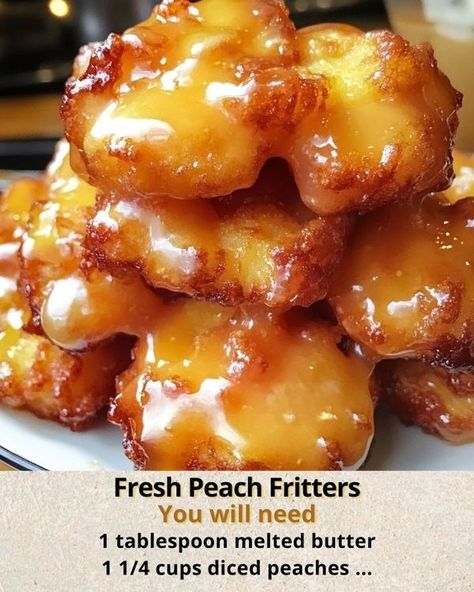 Peach Fritters, Baked Peach Fritters Recipes, Baked Peach Fritters, Southern Peach Fritters, Air Fryer Peach Fritters, Delicious Fresh Peach Fritters, Peach Fried Pies Easy, Peach Dessert Recipes, Easy Donut Recipe