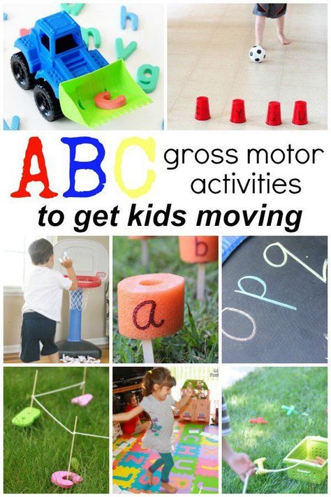 Practice the ABCs as you get kids moving with these gross motor alphabet activities. Perfect for active preschool and kindergarten learners! Kids Moves, Abc Activities, Movement Activities, Gross Motor Activities, Motor Skills Activities, Alphabet Activities Preschool, Preschool Literacy, Skills Activities, Gross Motor