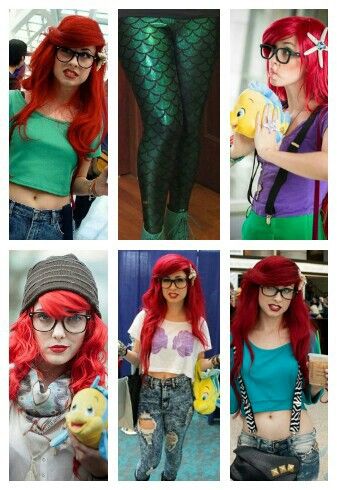 Hipster Ariel. Take a little inspiration (I mean, besides the hair and glasses) from each costume and create. :) Hipster Ariel Costume, Ariel Disneybound, Hipster Ariel, Ariel Halloween, Ariel Halloween Costume, Hipster Costume, Hipster Disney, Mermaid Makeup Halloween, Hair And Glasses