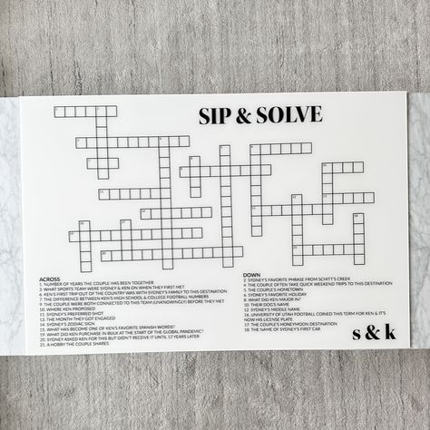 Wedding Sip And Solve, Sip And Solve Wedding Crossword, Sip And Solve Wedding, Sip And Solve, Wedding Crossword Puzzle, Wedding Puzzle, Taylor Wedding, Acrylic Signage, Signage Ideas