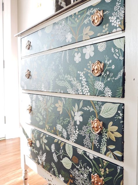 Diy Upcycling Dresser, Green Dresser With Wallpaper, Wall Papered Dresser Drawers, Removable Wallpaper Dresser, Diy Dresser Makeover Wallpaper, Fabric Over Dresser, Dresser With Colored Drawers, Painted Furniture With Wallpaper, Front Room Makeover